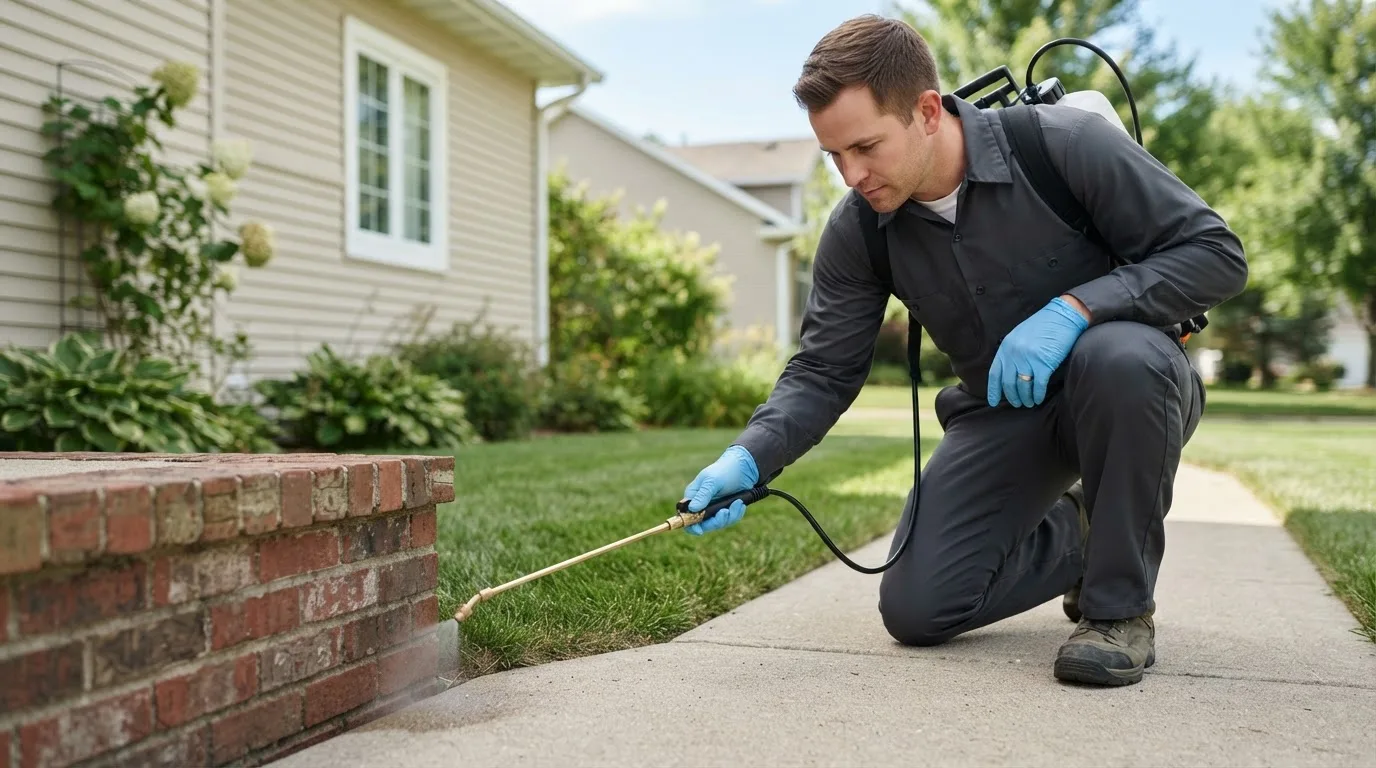 Pest control technician treating a home near Burbank, SD